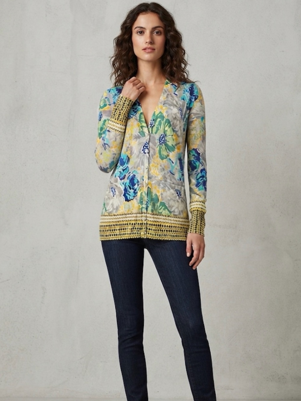 Anthropologie Floral V-Neck Cardigan in Blue, Yellow & Green